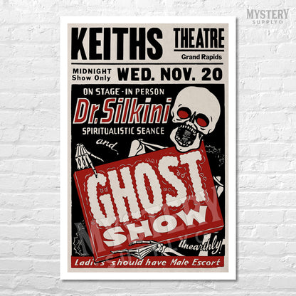 Dr. Silkini Spiritualistic Seance Ghost Show 1940s vintage horror skull skeleton shock show poster reproduction from Mystery Supply Co. @mysterysupplyco