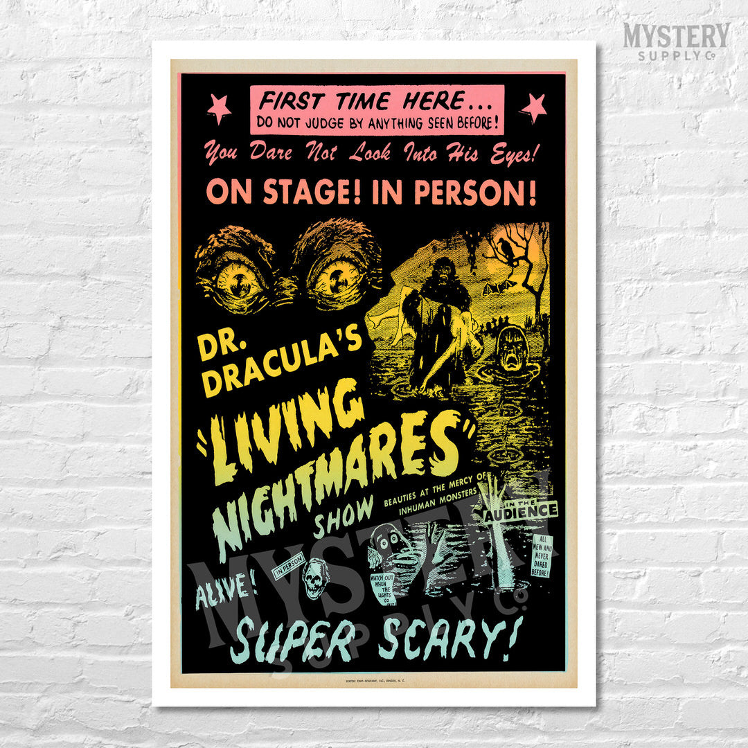 Dr. Draculas Living Nightmares 1960s vintage horror monster spook show poster reproduction from Mystery Supply Co. @mysterysupplyco