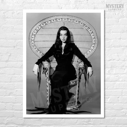 Morticia Addams Carolyn Jones 1960s Vintage Addams Family Witch Horror Monster Beauty Black and White Photo reproduction from Mystery Supply Co. @mysterysupplyco