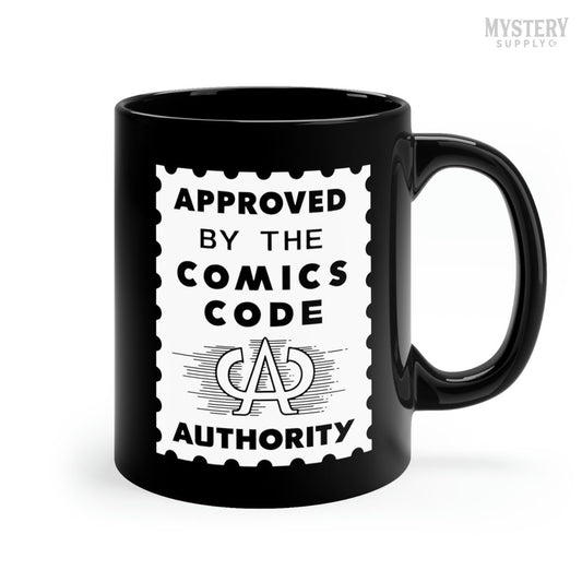 Approved by the Comics Code Authority 11oz black ceramic vintage comic book coffee mug from Mystery Supply Co. @mysterysupplyco