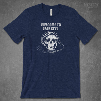 Welcome to Fear City 1970s NYC New York City crime skull heather navy Mens Womens Unisex T Shirt from Mystery Supply Co. @mysterysupplyco