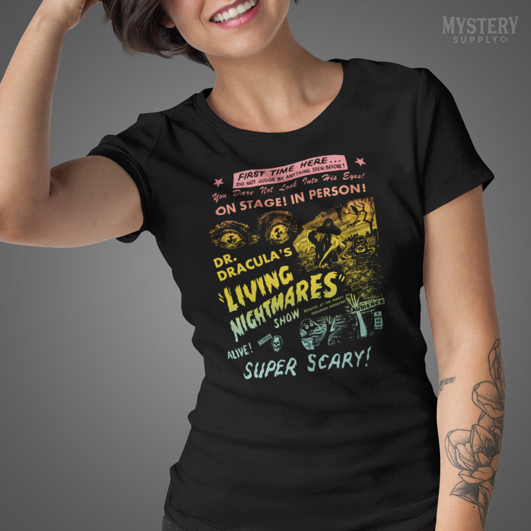Dr Draculas Living Nightmares scary horror stage show Mens Womens Unisex Horror T-Shirt from Mystery Supply Co. @mysterysupplyco