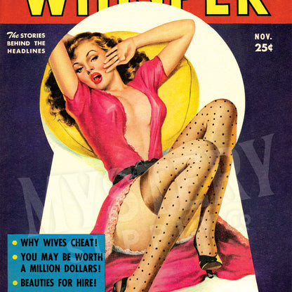 Whisper November 1952 vintage pinup lingerie stockings heels pulp magazine cover reproduction from Mystery Supply Co. @mysterysupplyco