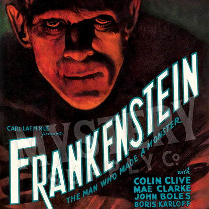 Frankenstein 1931 vintage Boris Karloff horror monster movie poster reproduction from Mystery Supply Co. @mysterysupplyco