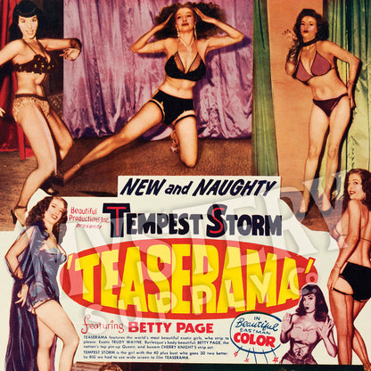 Teaserama 1955 vintage Bettie Page Tempest Storm stripper sexploitation movie poster reproduction from Mystery Supply Co. @mysterysupplyco