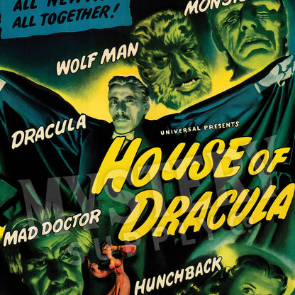 House of Dracula 1945 vintage horror vampire Frankenstein Wolf Man Mad Doctor Hunchback Universal monster movie poster reproduction from Mystery Supply Co. @mysterysupplyco