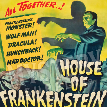 House of Frankenstein 1944 vintage horror vampire Dracula Wolf Man Mad Doctor Hunchback Universal monster movie poster reproduction from Mystery Supply Co. @mysterysupplyco