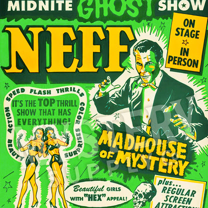 Dr. Neff Midnite Ghost Show 1950s vintage madhouse of mystery skull shock show poster reproduction from Mystery Supply Co. @mysterysupplyco