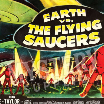 Earth vs the Flying Saucers 1956 vintage science fiction robot alien ufo flying saucer movie poster reproduction from Mystery Supply Co. @mysterysupplyco