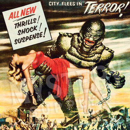 Revenge of the Creature 1955 vintage horror black lagoon gill man monster movie poster reproduction from Mystery Supply Co. @mysterysupplyco