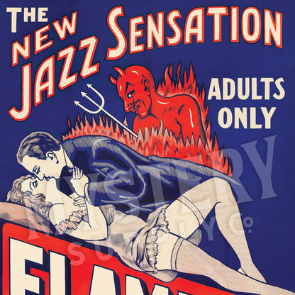 Flaming Passion 1930 vintage exploitation devil pitchfork lingerie stockings jazz movie poster reproduction from Mystery Supply Co. @mysterysupplyco