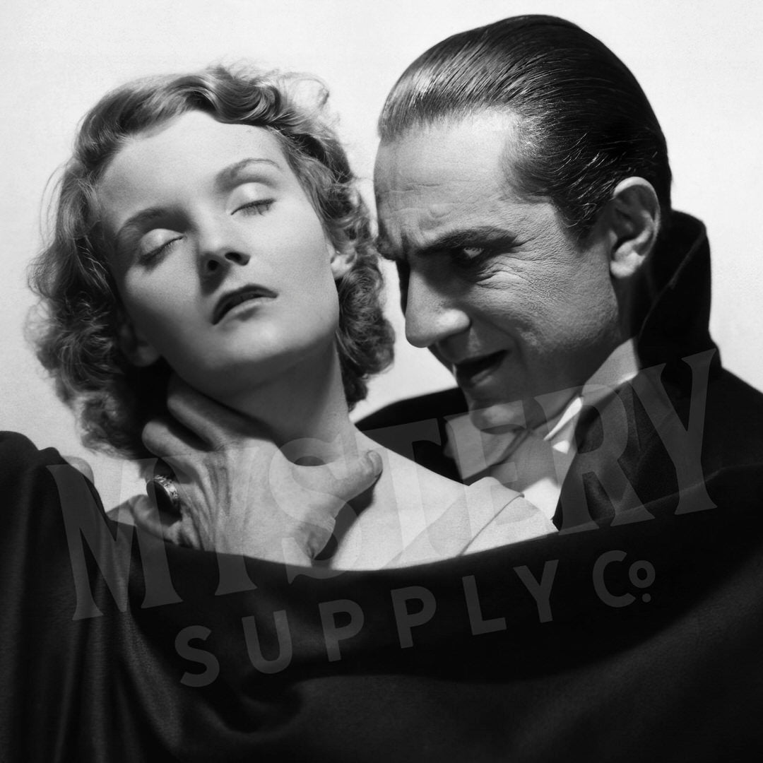 Dracula 1930s Vintage Bela Lugosi Horror Movie Vampire Monster Helen Chandler Neck Grip Black and White Photo reproduction from Mystery Supply Co. @mysterysupplyco