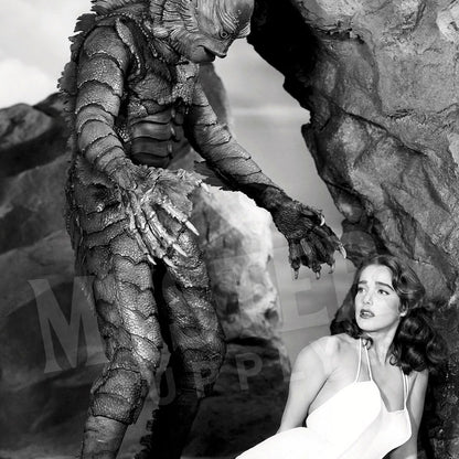 Creature from the Black Lagoon 1954 vintage horror monster Julie Adams swim suit and the gill man black and white photo reproduction from Mystery Supply Co. @mysterysupplyco