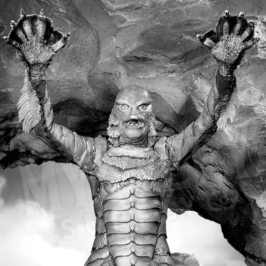 Creature from the Black Lagoon 1954 vintage horror monster gill man scary pose black and white photo reproduction from Mystery Supply Co. @mysterysupplyco