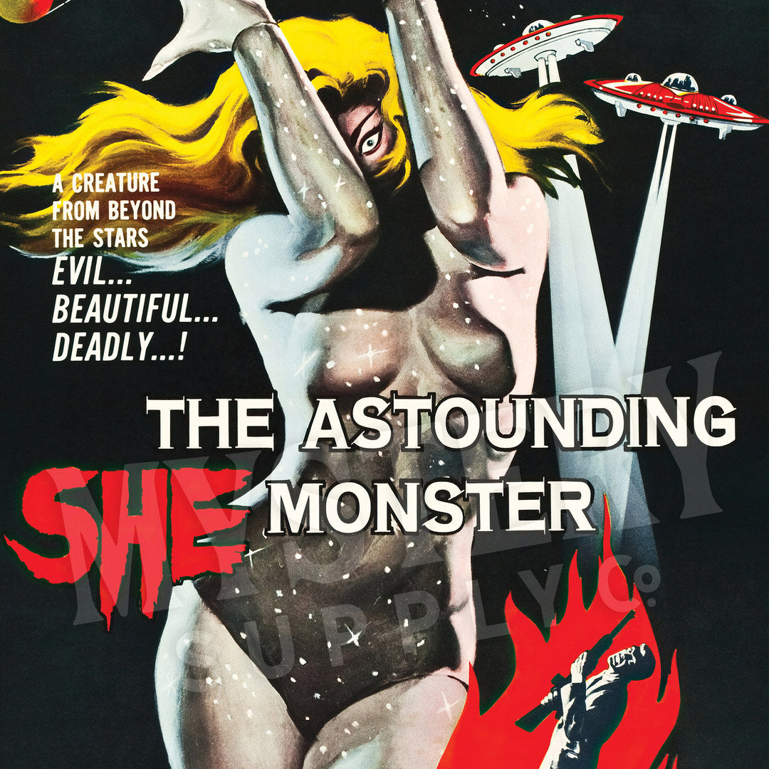 The Astounding She Monster 1958 vintage science fiction horror alien ufo flying saucer planets movie poster reproduction from Mystery Supply Co. @mysterysupplyco