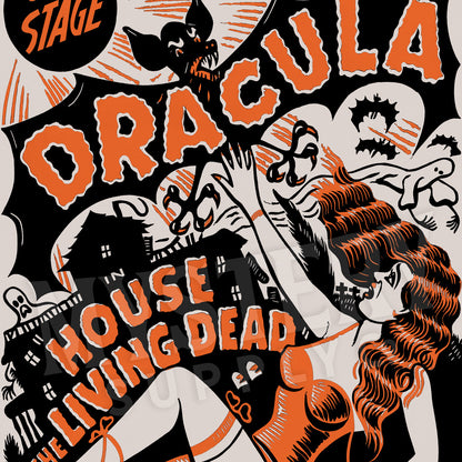 Dracula House of the Living Dead 1942 vintage vampire bat horror stage show poster reproduction from Mystery Supply Co. @mysterysupplyco