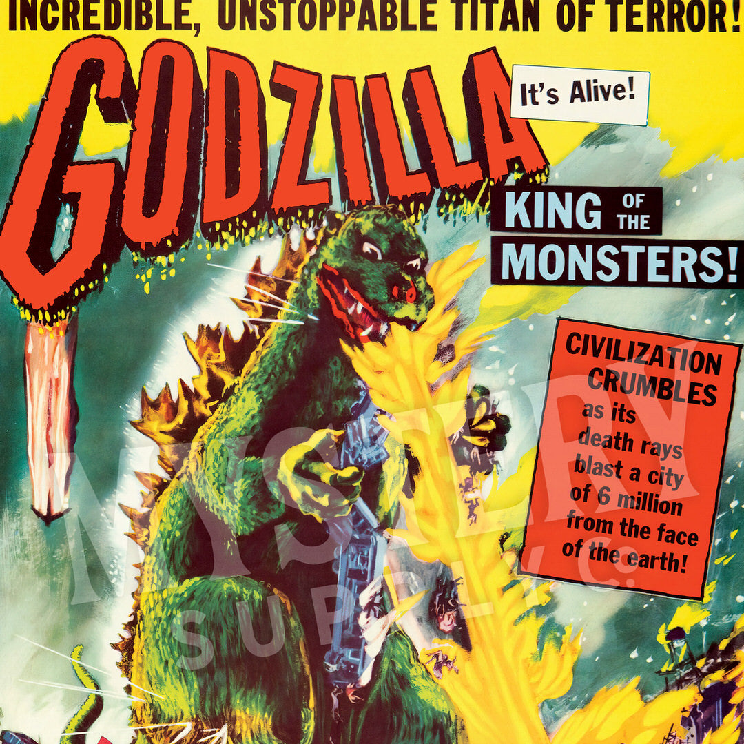 Godzilla 1956 vintage horror monster Gojira lizard movie poster reproduction from Mystery Supply Co. @mysterysupplyco