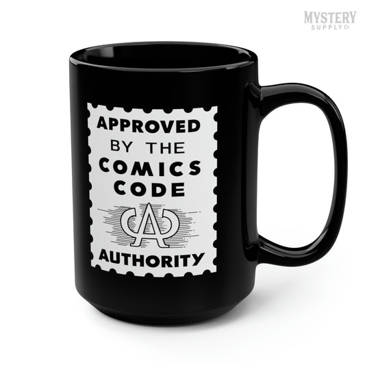 Approved by the Comics Code Authority 15oz black ceramic vintage comic book coffee mug from Mystery Supply Co. @mysterysupplyco