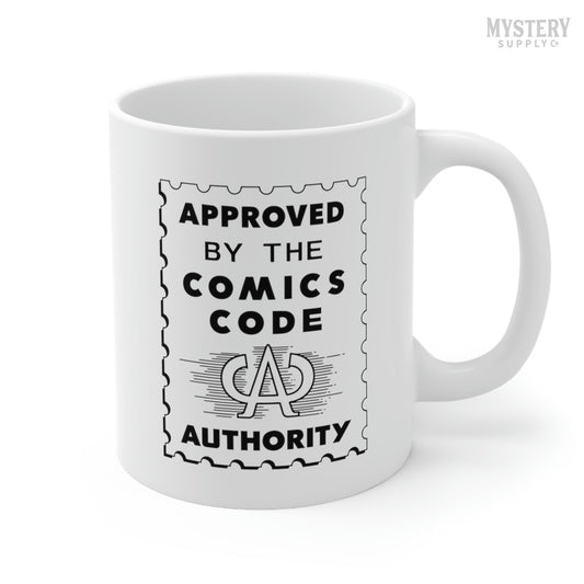 Approved by the Comics Code Authority 11oz white ceramic vintage comic book coffee mug from Mystery Supply Co. @mysterysupplyco
