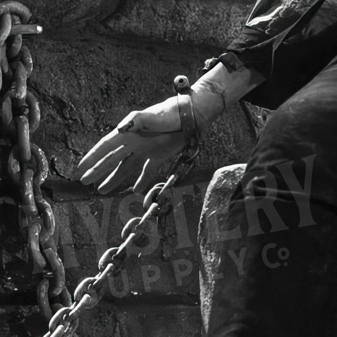 Frankenstein 1935 Vintage Horror Movie Monster Shackled and Bound in Chains Black and White Photo reproduction from Mystery Supply Co. @mysterysupplyco