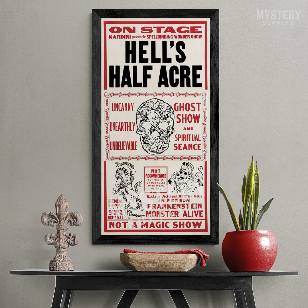 Hells Half Acre 1940s vintage horror monster skull ghost shock show Frankenstein seance magic poster reproduction from Mystery Supply Co. @mysterysupplyco
