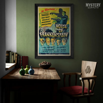 House of Frankenstein 1944 vintage horror vampire Dracula Wolf Man Mad Doctor Hunchback Universal monster movie poster reproduction from Mystery Supply Co. @mysterysupplyco