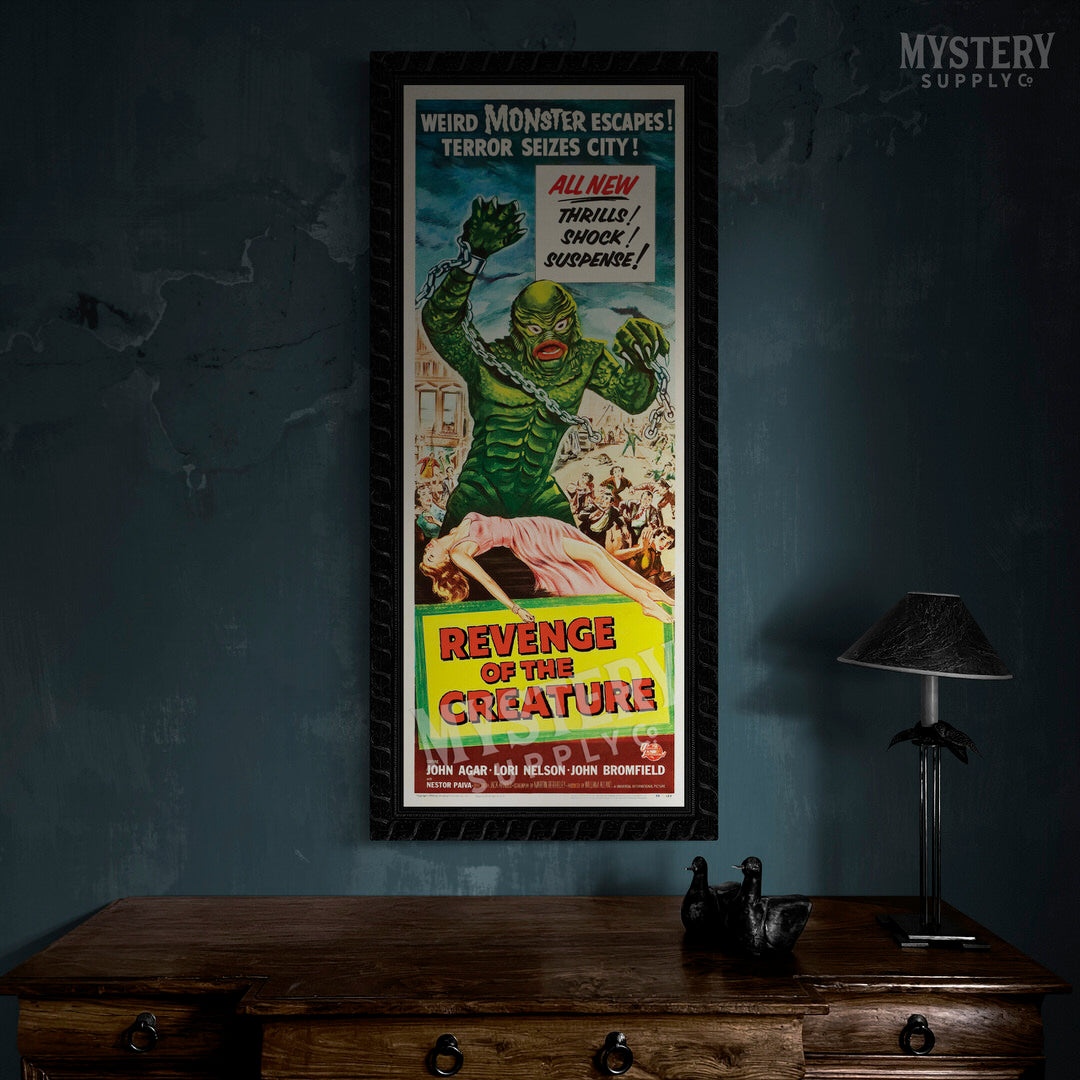 Revenge of the Creature 1955 vintage horror black lagoon gill man monster movie poster reproduction from Mystery Supply Co. @mysterysupplyco