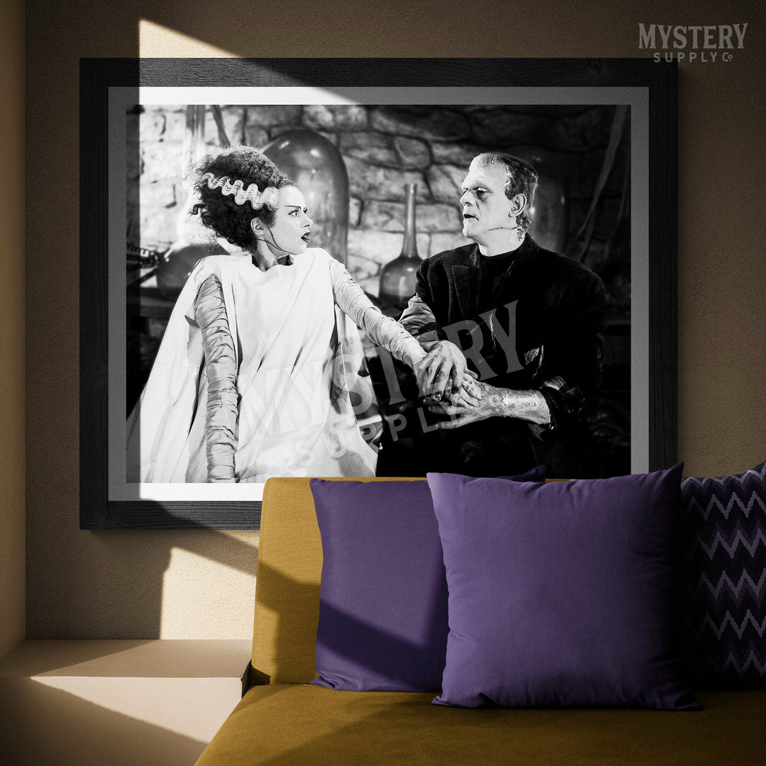 Bride of Frankenstein 1935 Vintage Horror Movie Monster Couple Black and White Photo reproduction from Mystery Supply Co. @mysterysupplyco