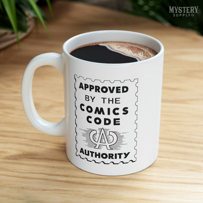 Approved by the Comics Code Authority 11oz white ceramic vintage comic book coffee mug from Mystery Supply Co. @mysterysupplyco