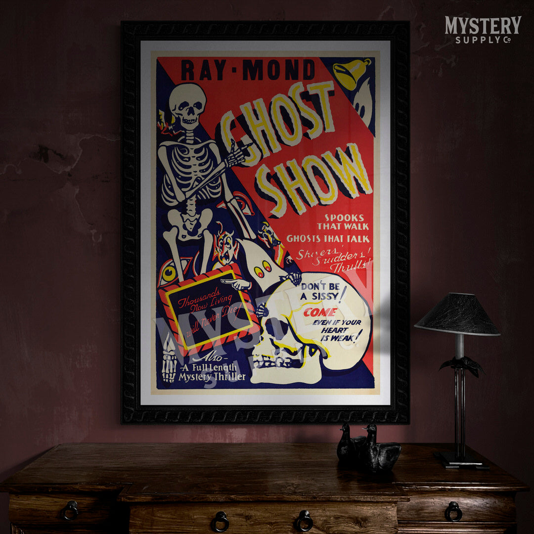 Ray-Mond Ghost Show 1940s vintage horror monster skull skeleton shock show poster reproduction from Mystery Supply Co. @mysterysupplyco