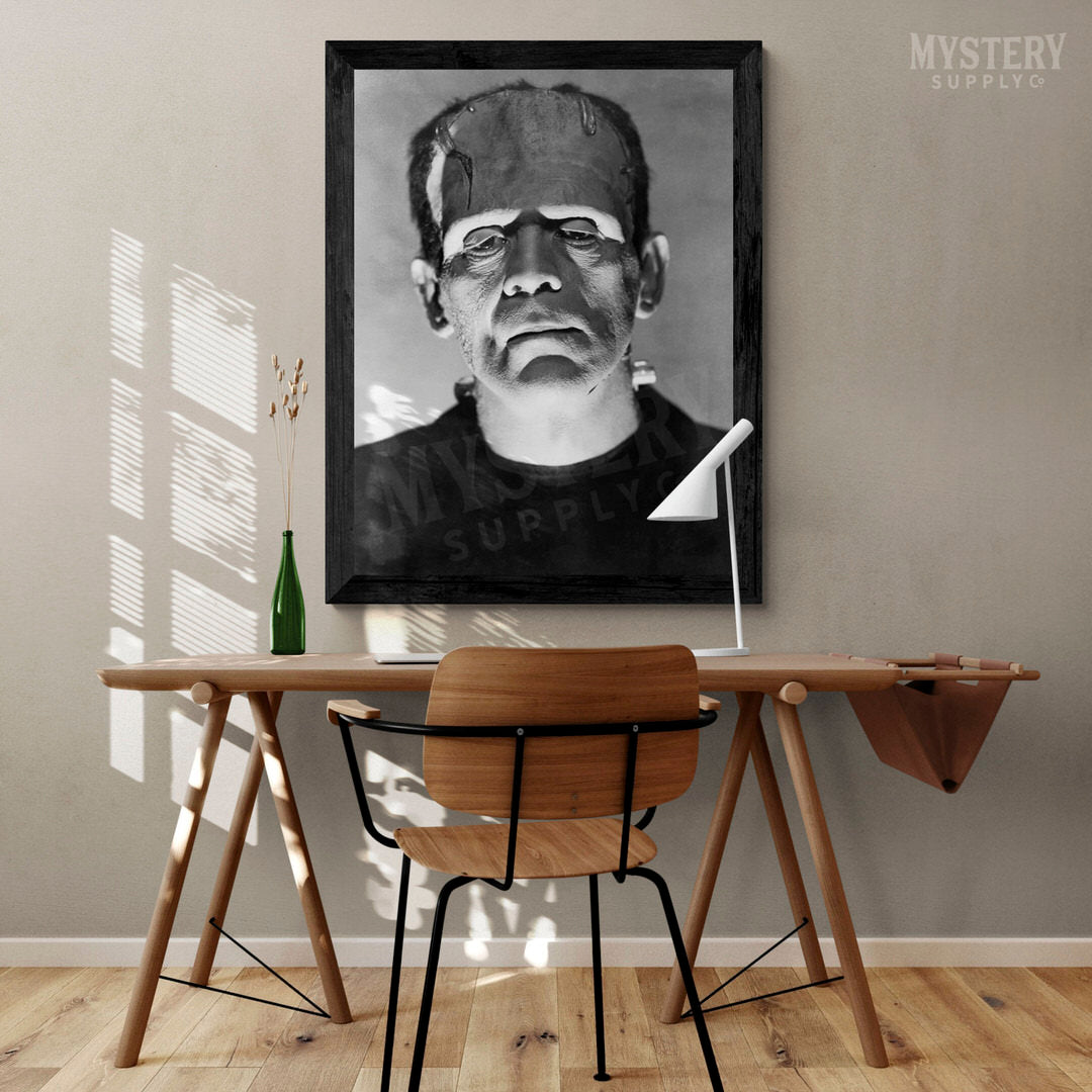 Frankenstein 1930s Vintage Horror Movie Monster Portrait Black and White Photo reproduction from Mystery Supply Co. @mysterysupplyco