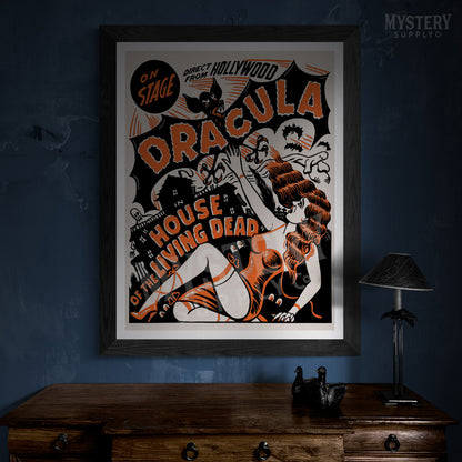 Dracula House of the Living Dead 1942 vintage vampire bat horror stage show poster reproduction from Mystery Supply Co. @mysterysupplyco