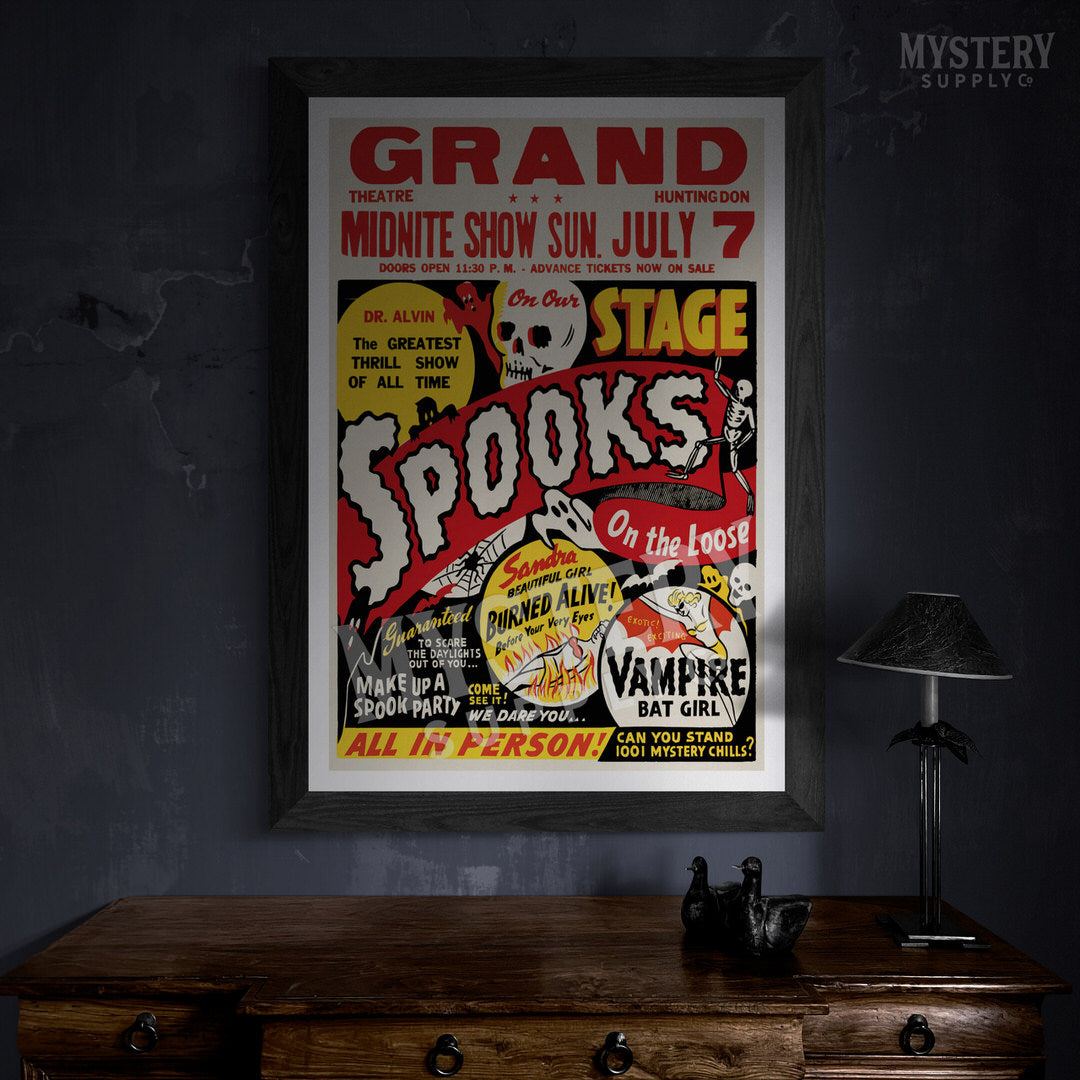 Spooks on the Loose Ghost Show 1950s vintage horror monster skull skeleton shock show poster reproduction from Mystery Supply Co. @mysterysupplyco