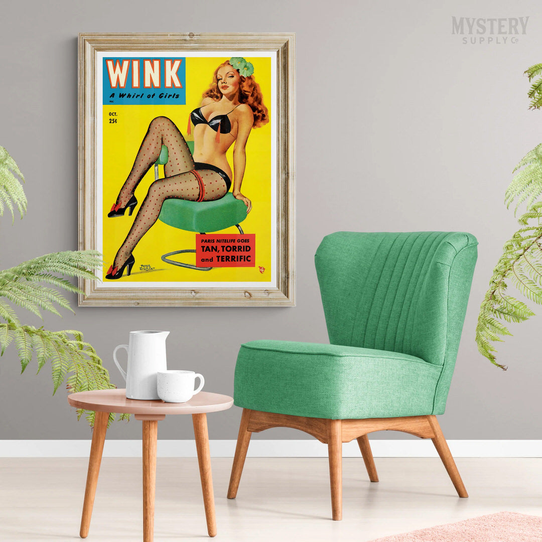 Wink October 1951 vintage pinup stockings heels lingerie pulp magazine cover reproduction from Mystery Supply Co. @mysterysupplyco