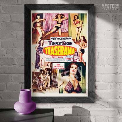 Teaserama 1955 vintage Bettie Page Tempest Storm stripper sexploitation movie poster reproduction from Mystery Supply Co. @mysterysupplyco