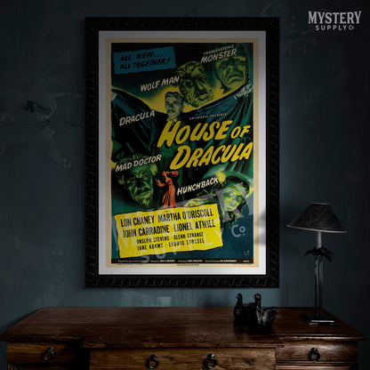 House of Dracula 1945 vintage horror vampire Frankenstein Wolf Man Mad Doctor Hunchback Universal monster movie poster reproduction from Mystery Supply Co. @mysterysupplyco