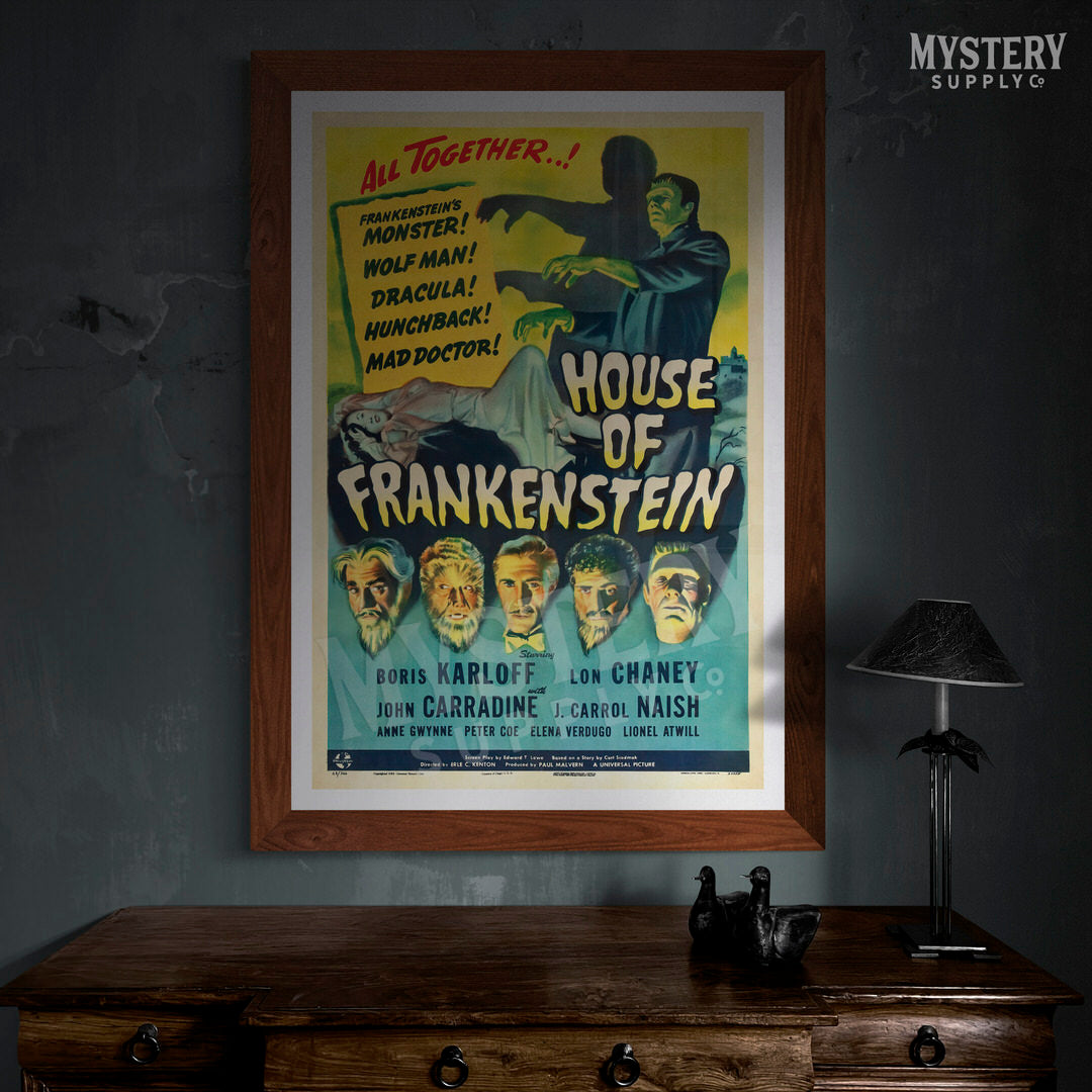 House of Frankenstein 1944 vintage horror vampire Dracula Wolf Man Mad Doctor Hunchback Universal monster movie poster reproduction from Mystery Supply Co. @mysterysupplyco