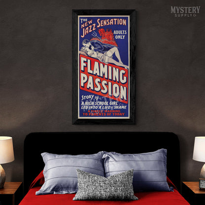 Flaming Passion 1930 vintage exploitation devil pitchfork lingerie stockings jazz movie poster reproduction from Mystery Supply Co. @mysterysupplyco