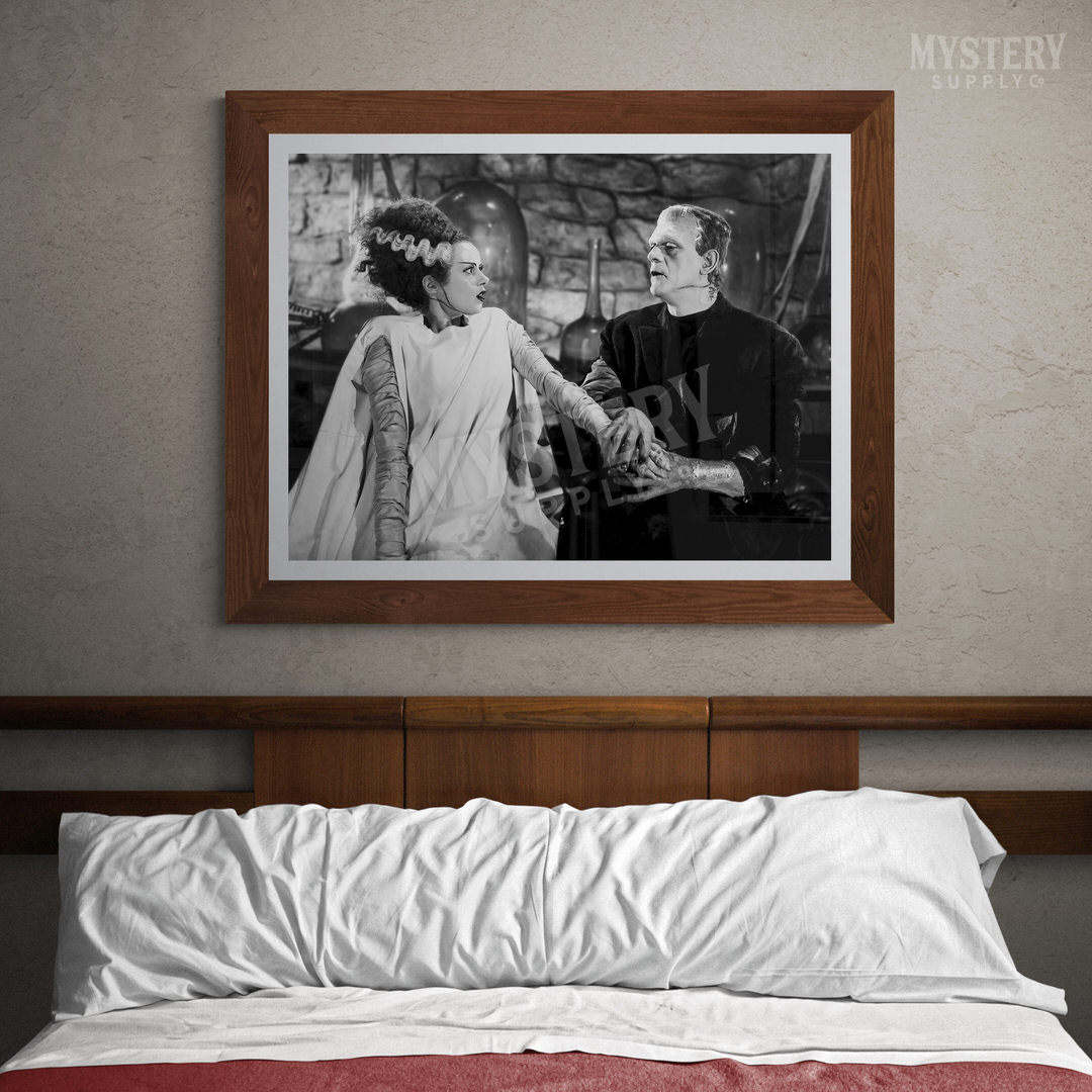 Bride of Frankenstein 1935 Vintage Horror Movie Monster Couple Black and White Photo reproduction from Mystery Supply Co. @mysterysupplyco