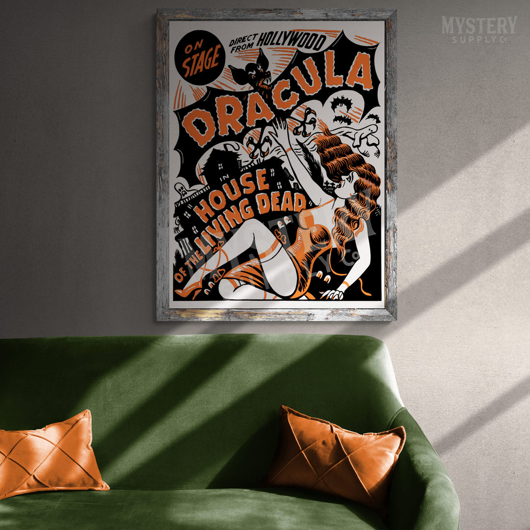 Dracula House of the Living Dead 1942 vintage vampire bat horror stage show poster reproduction from Mystery Supply Co. @mysterysupplyco