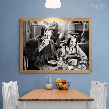 Herman and Lily Munster 1960s Vintage The Munsters Frankenstein Vampire Horror Monster Couple Black and White Photo reproduction from Mystery Supply Co. @mysterysupplyco