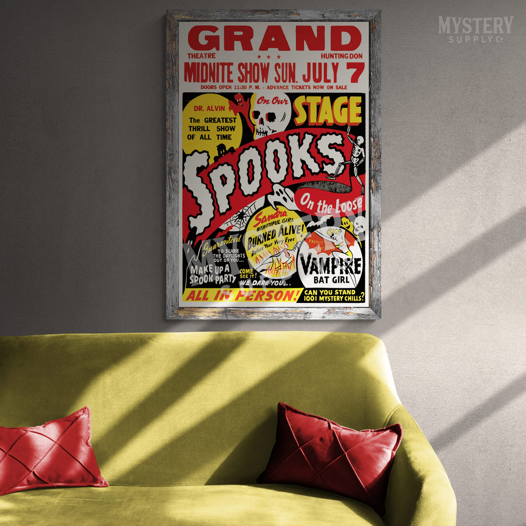 Spooks on the Loose Ghost Show 1950s vintage horror monster skull skeleton shock show poster reproduction from Mystery Supply Co. @mysterysupplyco