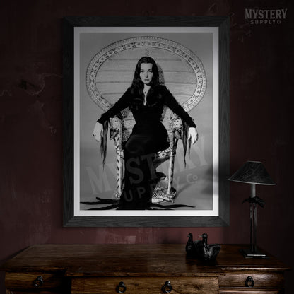 Morticia Addams Carolyn Jones 1960s Vintage Addams Family Witch Horror Monster Beauty Black and White Photo reproduction from Mystery Supply Co. @mysterysupplyco