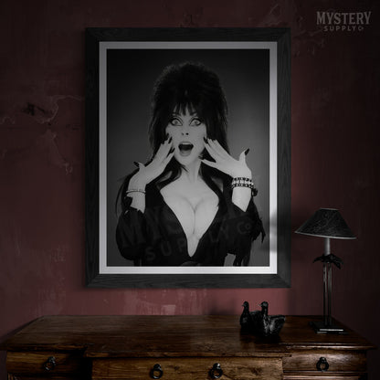 Elvira Mistress of the Dark 1980s Vintage Cassandra Peterson Vampire Horror Monster Beauty Black and White Photo reproduction from Mystery Supply Co. @mysterysupplyco