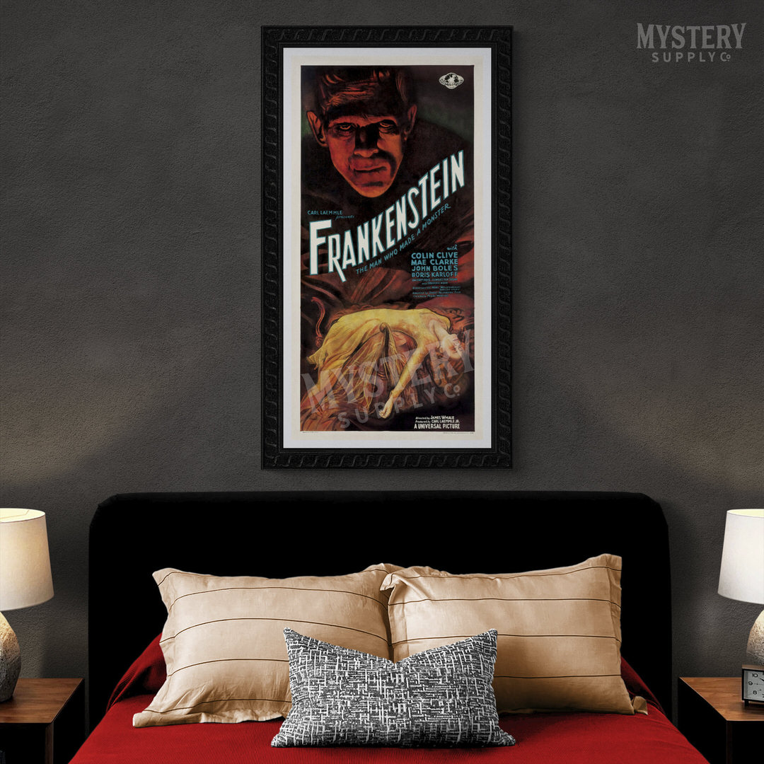 Frankenstein 1931 vintage Boris Karloff horror monster movie poster reproduction from Mystery Supply Co. @mysterysupplyco