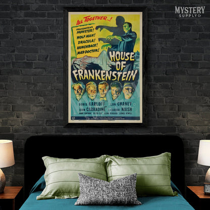 House of Frankenstein 1944 vintage horror vampire Dracula Wolf Man Mad Doctor Hunchback Universal monster movie poster reproduction from Mystery Supply Co. @mysterysupplyco