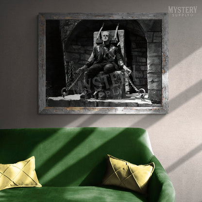 Frankenstein 1935 Vintage Horror Movie Monster Shackled and Bound in Chains Black and White Photo reproduction from Mystery Supply Co. @mysterysupplyco