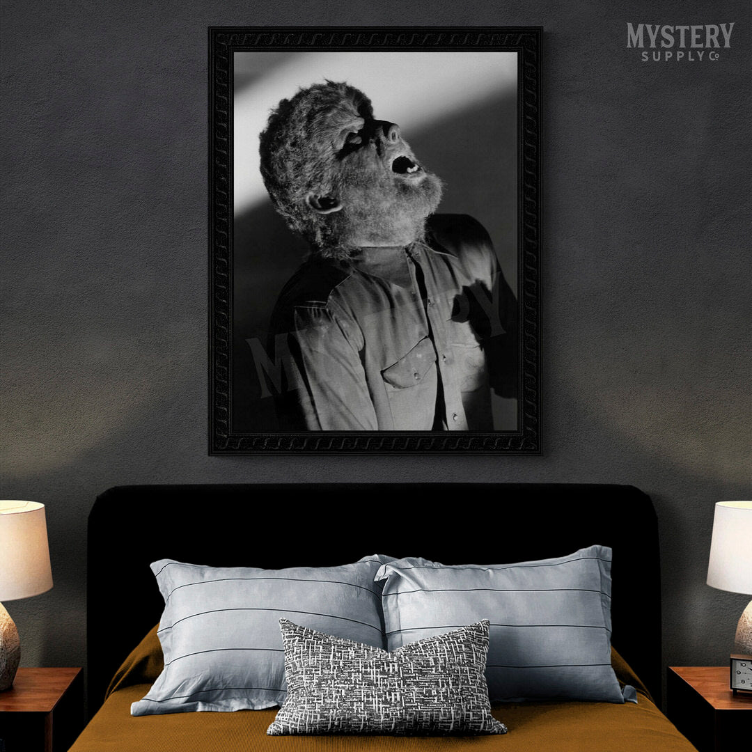 The Wolf Man 1940s Vintage Horror Movie Monster Lon Chaney Jr. Howling Werewolf Black and White Photo reproduction from Mystery Supply Co. @mysterysupplyco