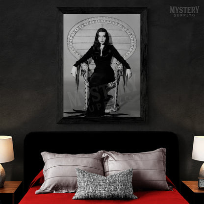 Morticia Addams Carolyn Jones 1960s Vintage Addams Family Witch Horror Monster Beauty Black and White Photo reproduction from Mystery Supply Co. @mysterysupplyco